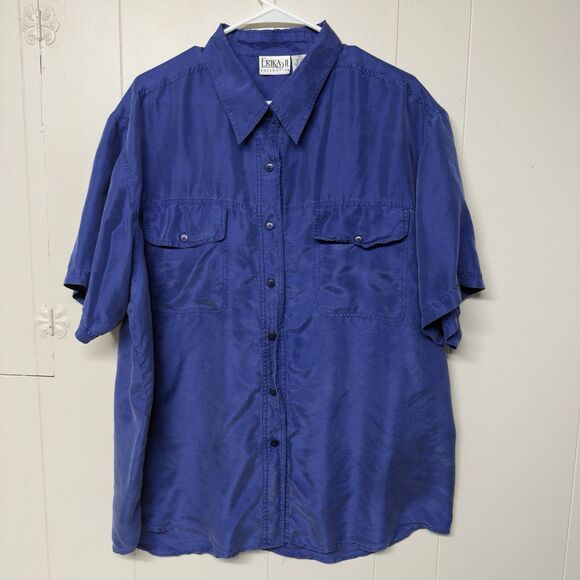 Erika 100% Sillk Short Sleeve Shirt Button Front Lightweight Blue Women 2x EUC - Picture 1 of 10